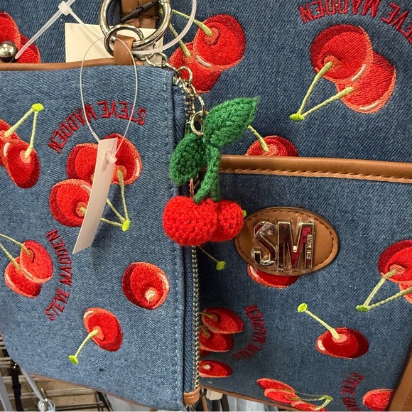 Steve Madden Stylish Cherry Embroidered Denim Tote Bag - Picture 2 of 4